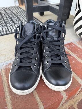 Taos Footwear Black Leather Women's High-Top Sneakers with White Sole Trim
